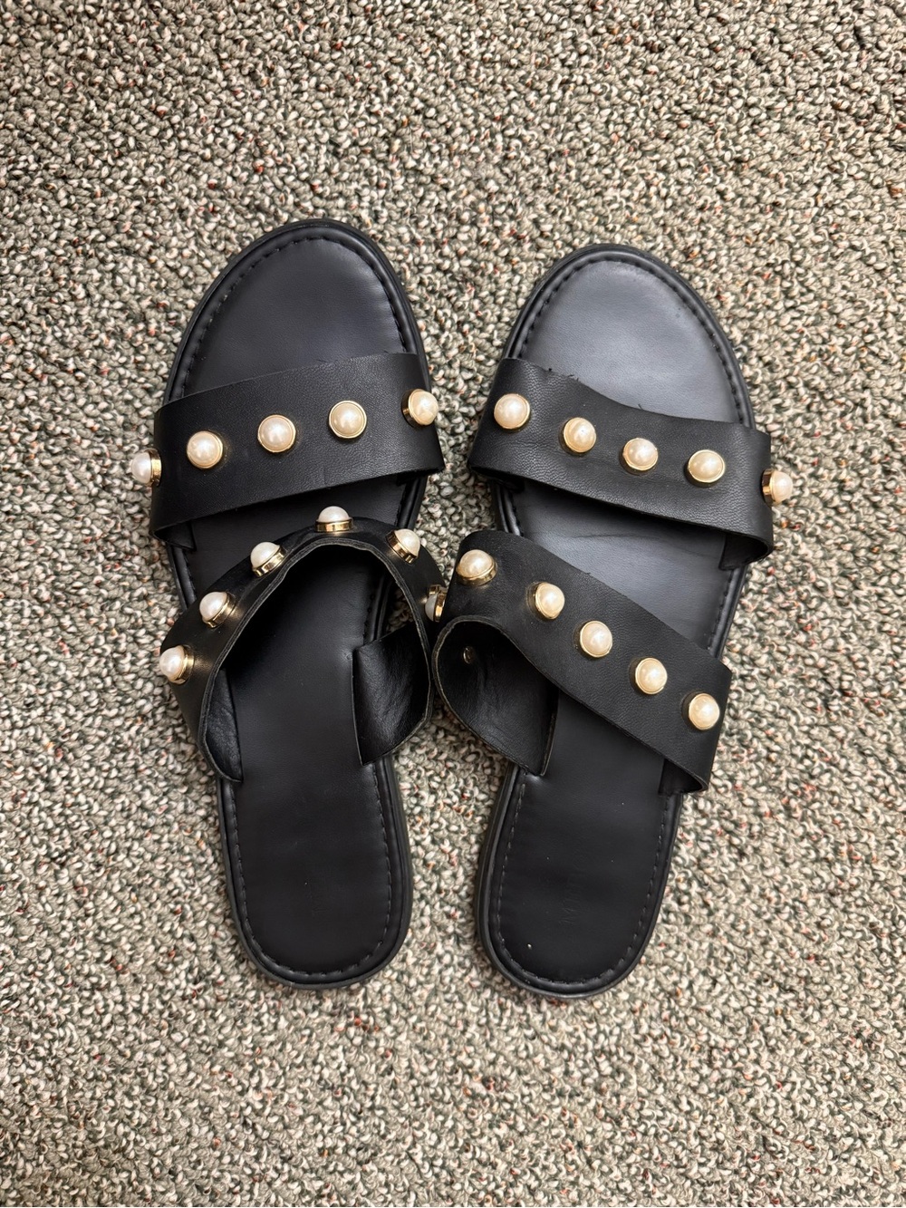 Merona Black Double-Strap Slide Sandals with Pearl Studs